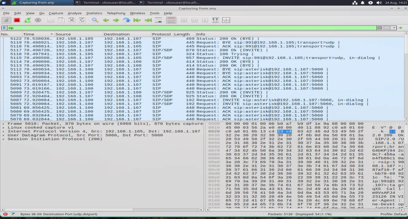 Captura do Wireshark mostrando o tráfego SIP durante a chamada — host 192.168.1.105, Asterisk 192.168.1.107, celular 192.168.1.100